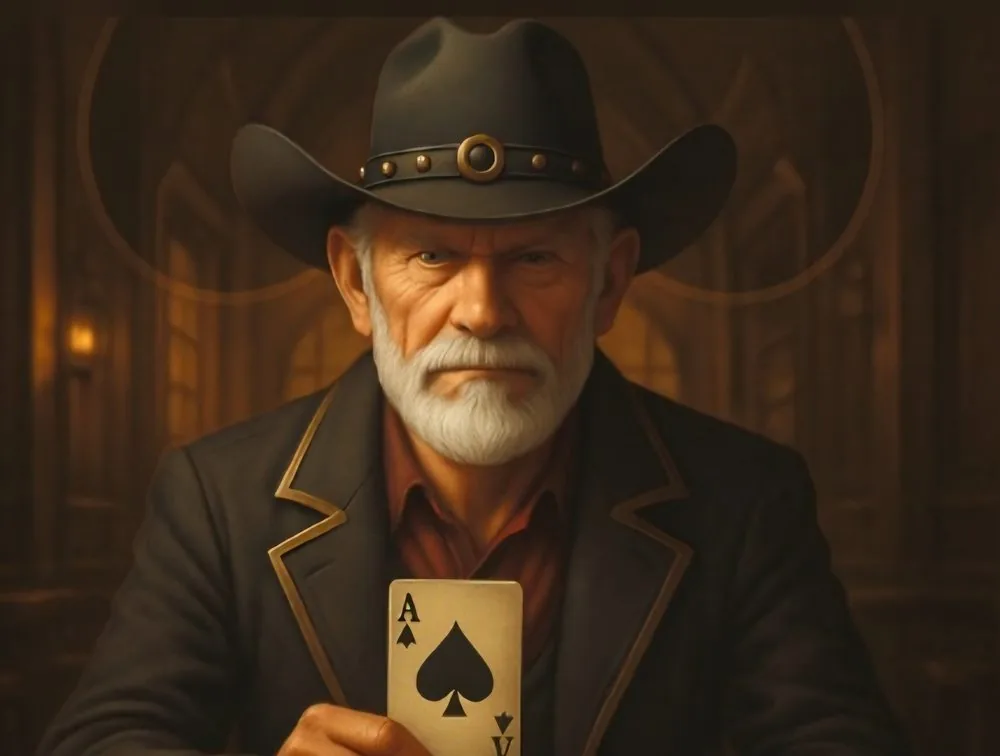Ace, the PowerFold coach, holding up the ace of spades at the table